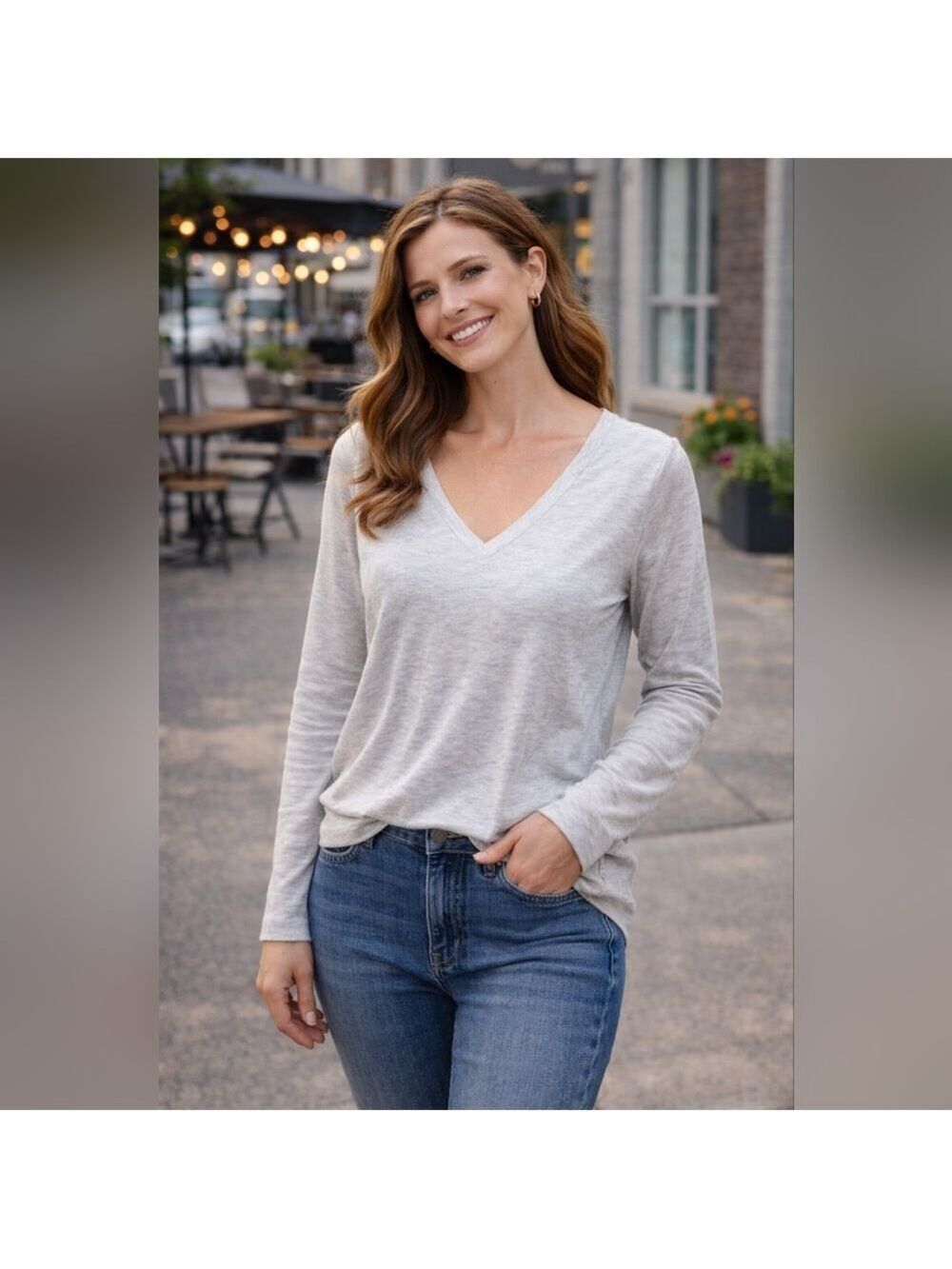 Rag & Bone Theo Long Sleeve V-Neck Tee – Light Heather Gray – New – XL/1X